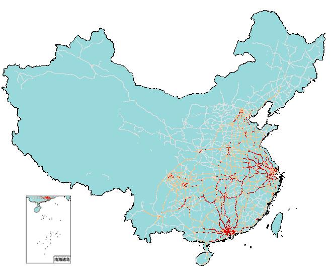 春运期间全国公路网货车交通量热力分布