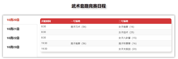 武术世锦赛比赛日程来啦!