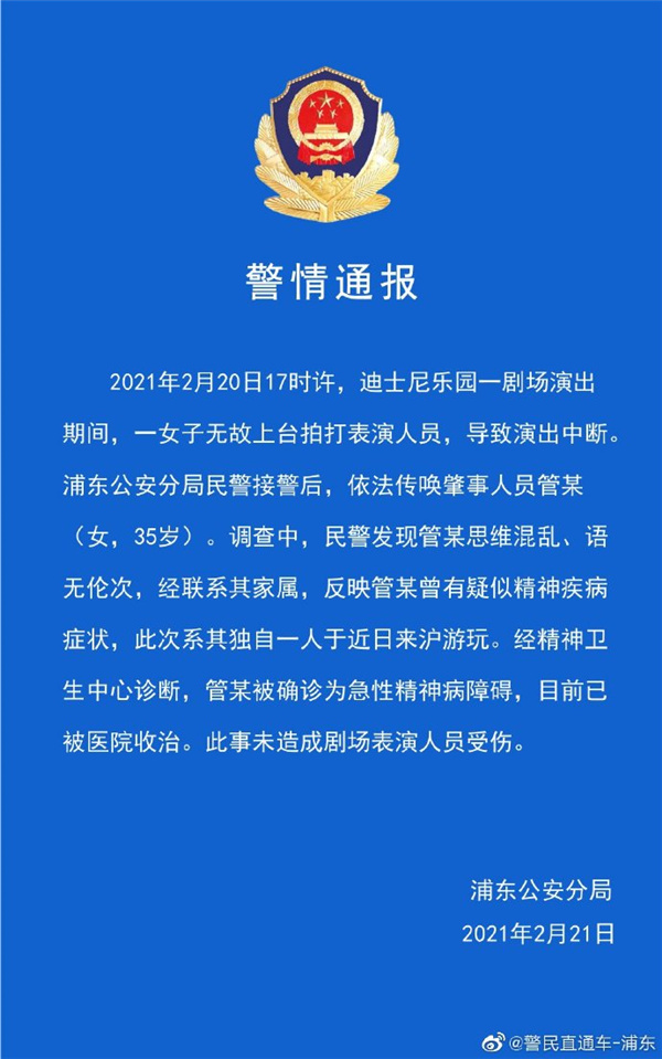 警方通报女子迪士尼拍打演职人员该女子系精神障碍 手机新民网